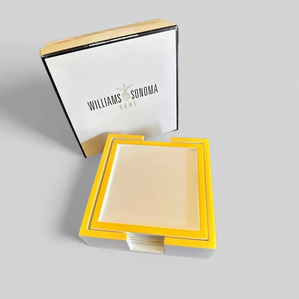 Williams Sonoma Coaster Set Of 4 Square White W/Yellow Trim Open Box